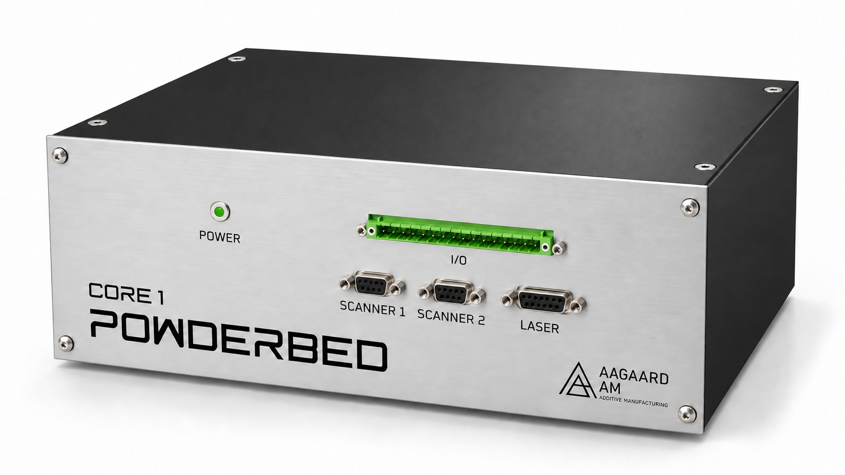 Product visualization of POWDERBED Core 1 with scanner, laser and I/O connections