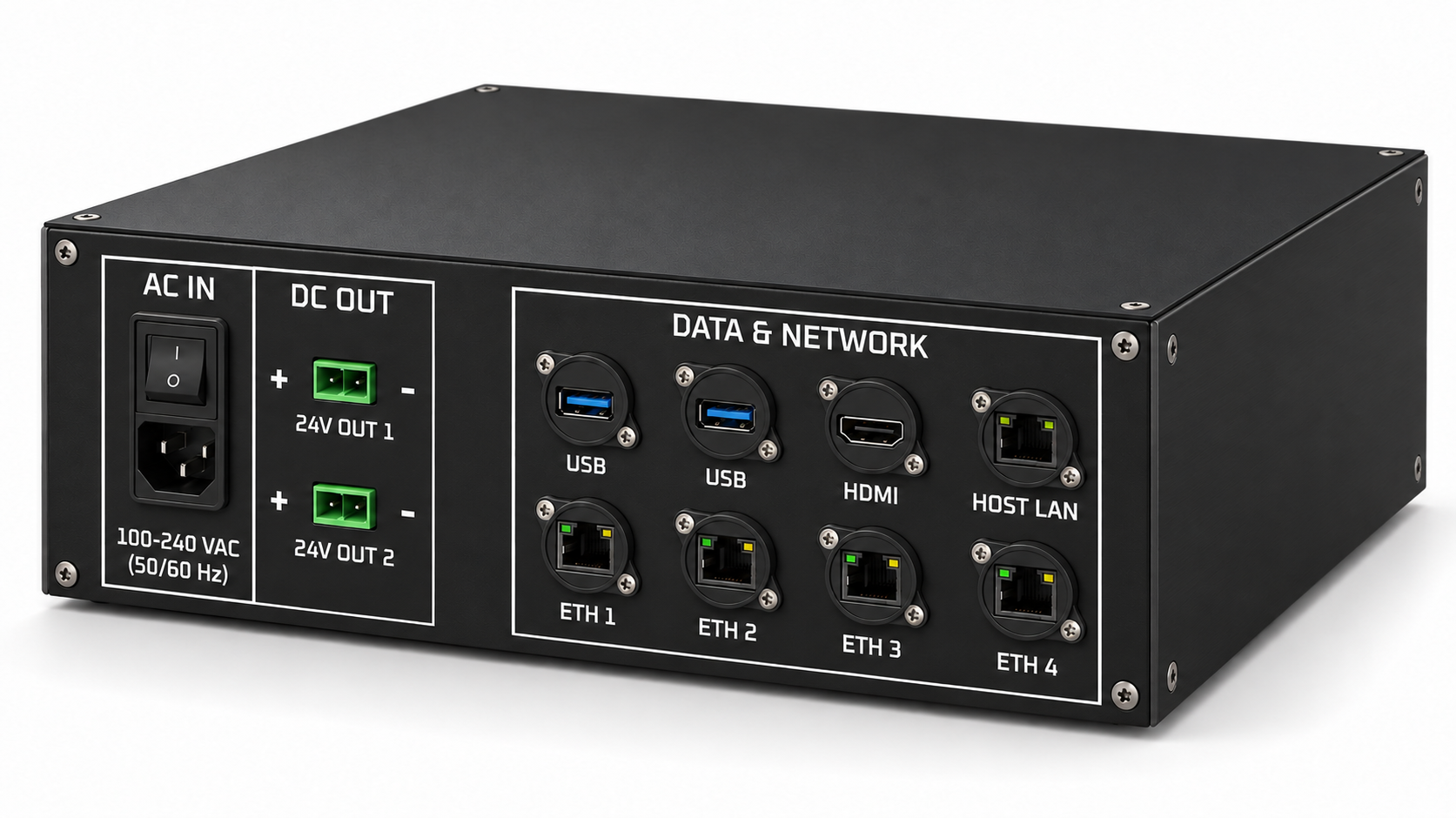 Rear visualization of POWDERBED Core 1, showing AC input, two 24 V outputs, USB, HDMI, host LAN and four equipment Ethernet ports